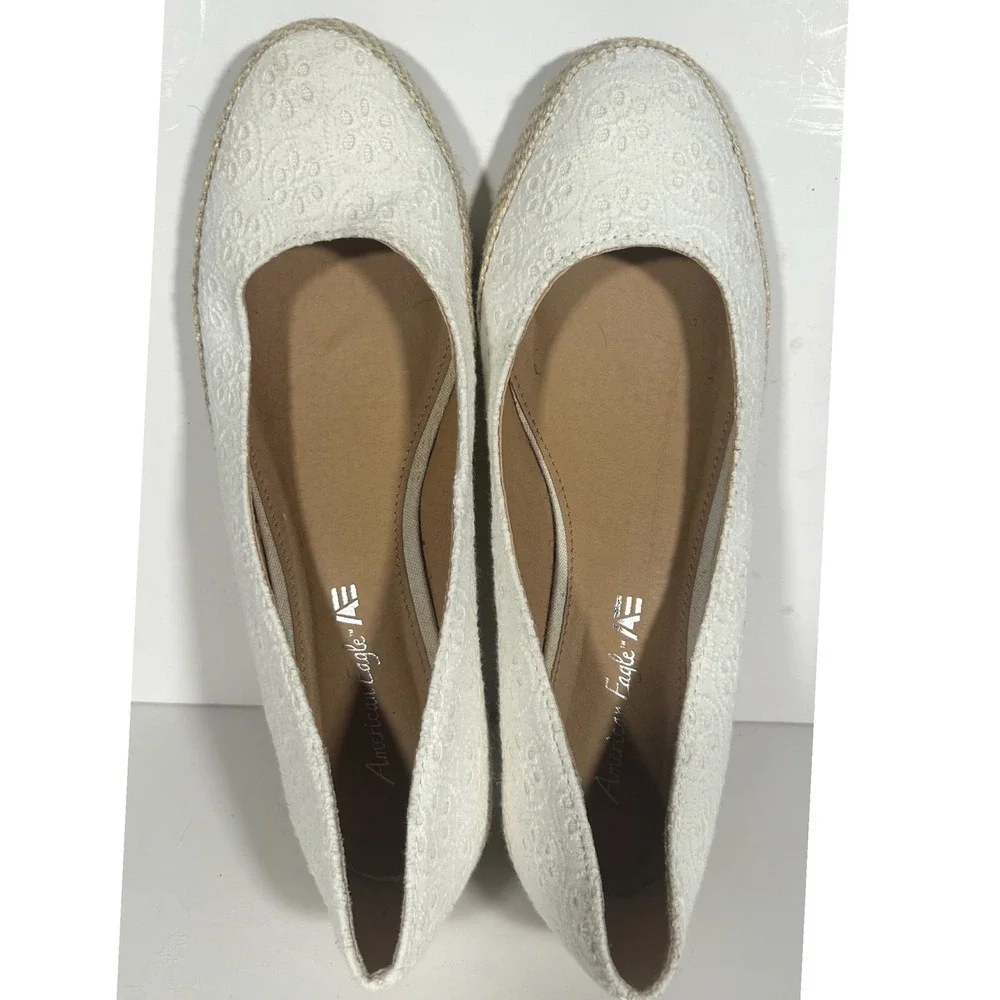 American Eagle Womens White Eyelet Lace Espadrille Low Wedge Shoes Size 9.5 AE‎